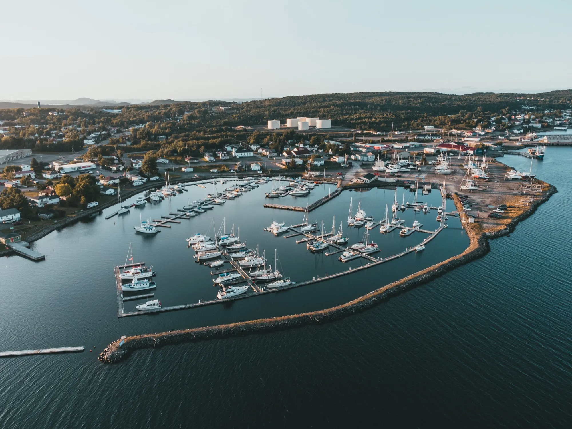 The marina basin and town of Lewisporte in low golden evening light
