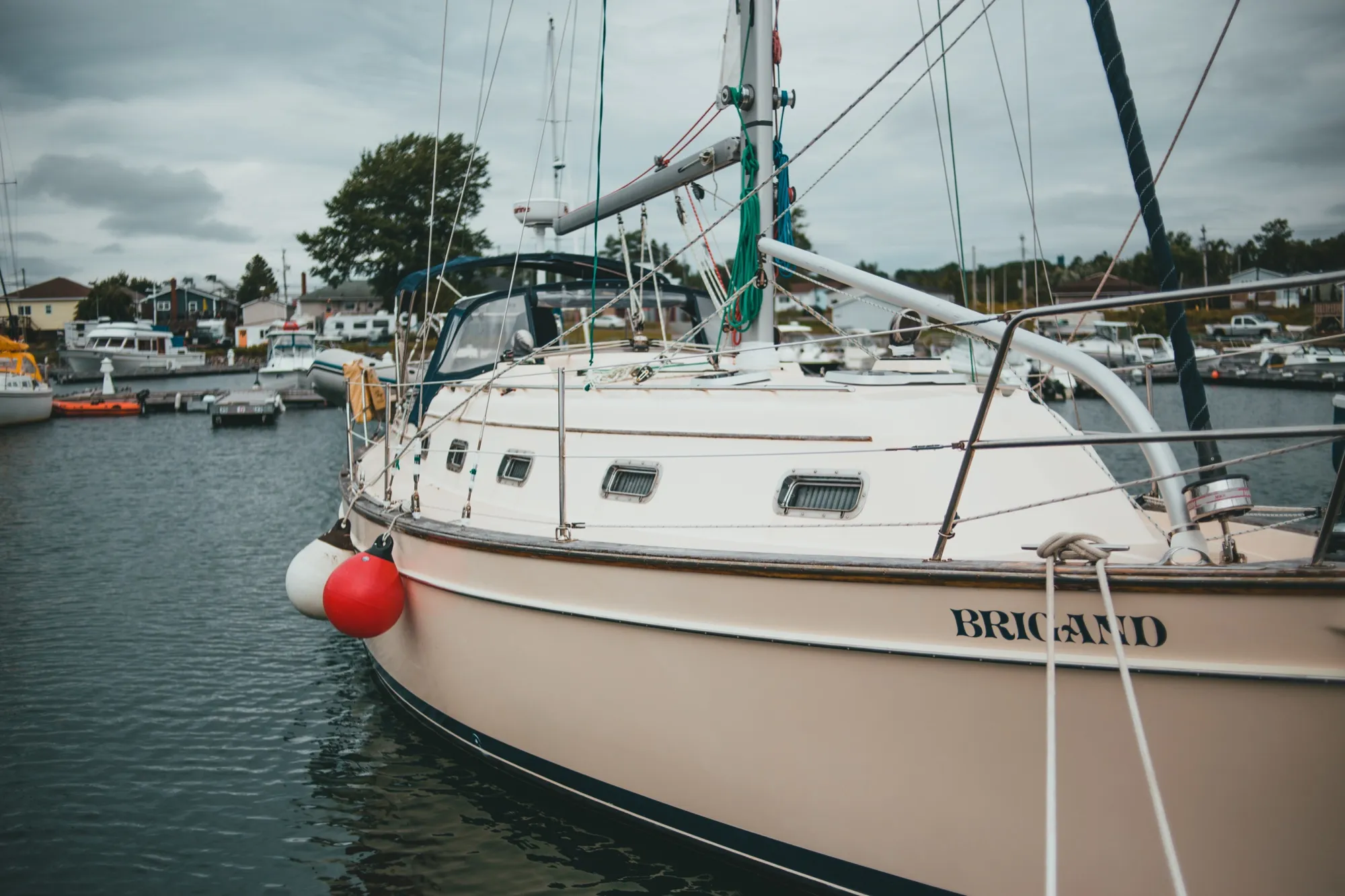 The sailboat Brigand at her berth in the marina