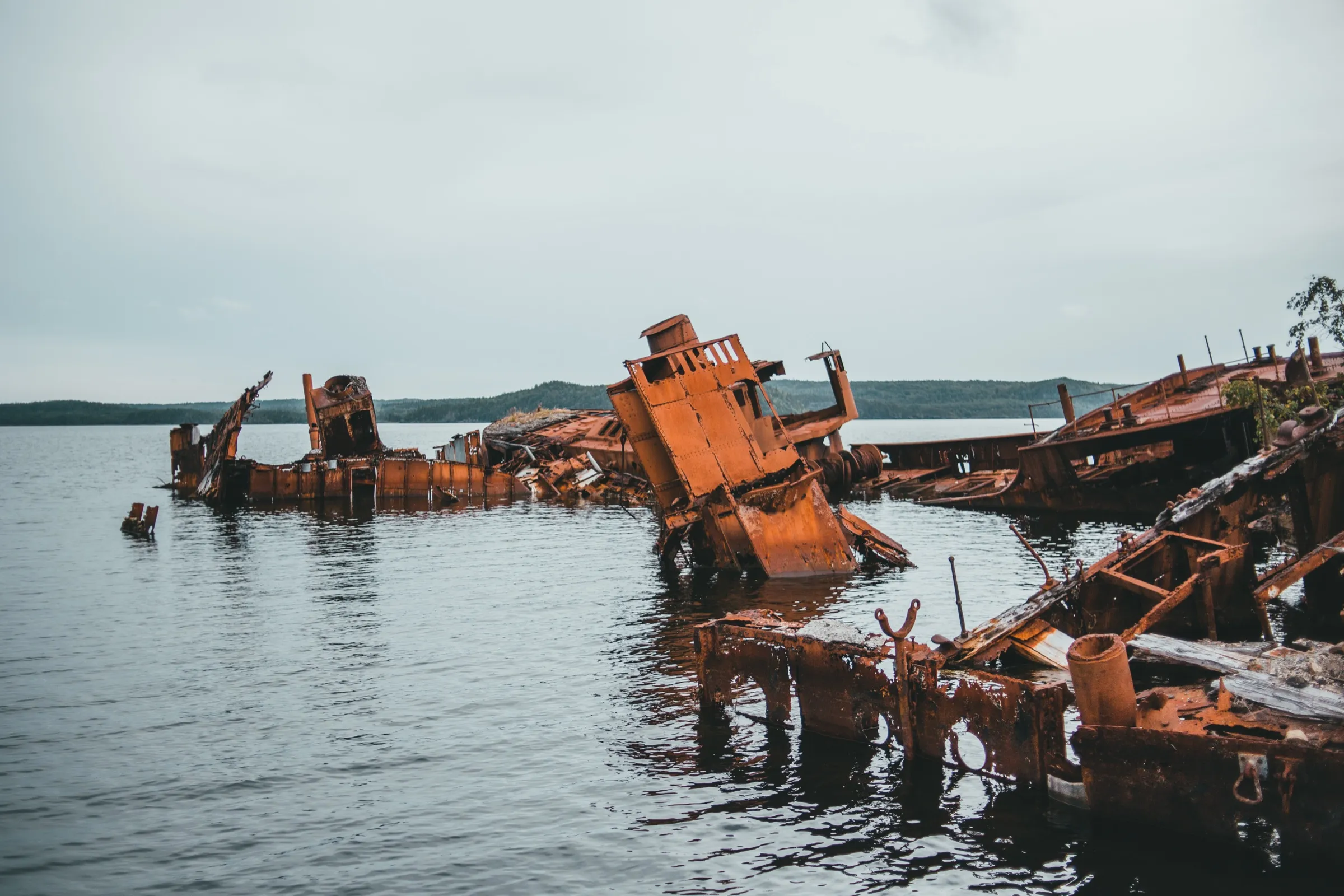 Abandoned ship hulls rusting in the shallows along the shore
